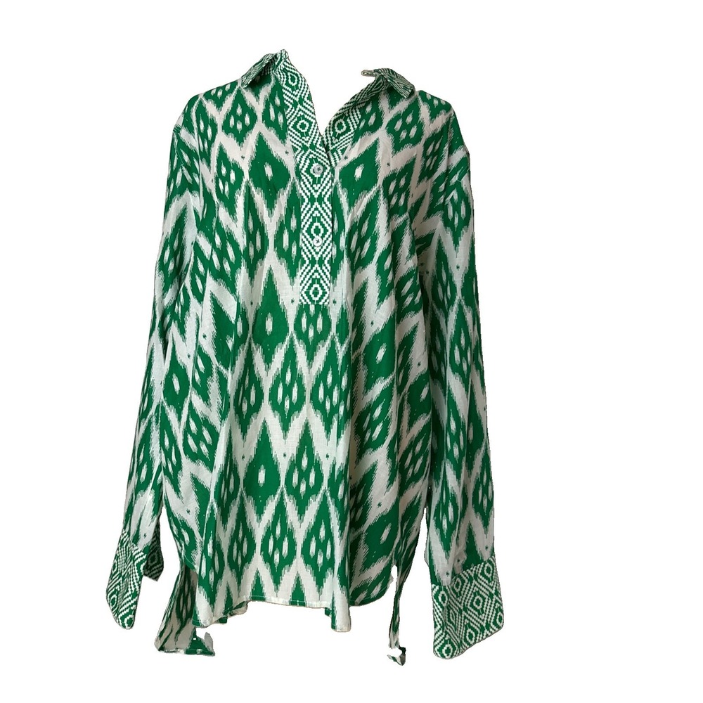 Talbots Green Ikat 100% Cotton Tunic Blouse XL Collared Long Sleeves Lightweight